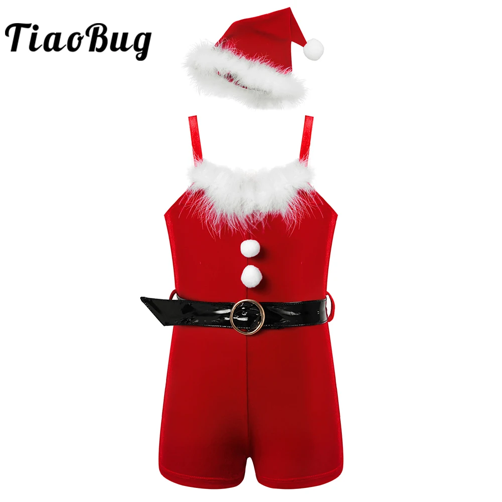 

Girls Santas Helper Dance Costume Christmas Velvet Leotards Dancewear Jumpsuit Biketards with Hat New Year Party Rave Outfits