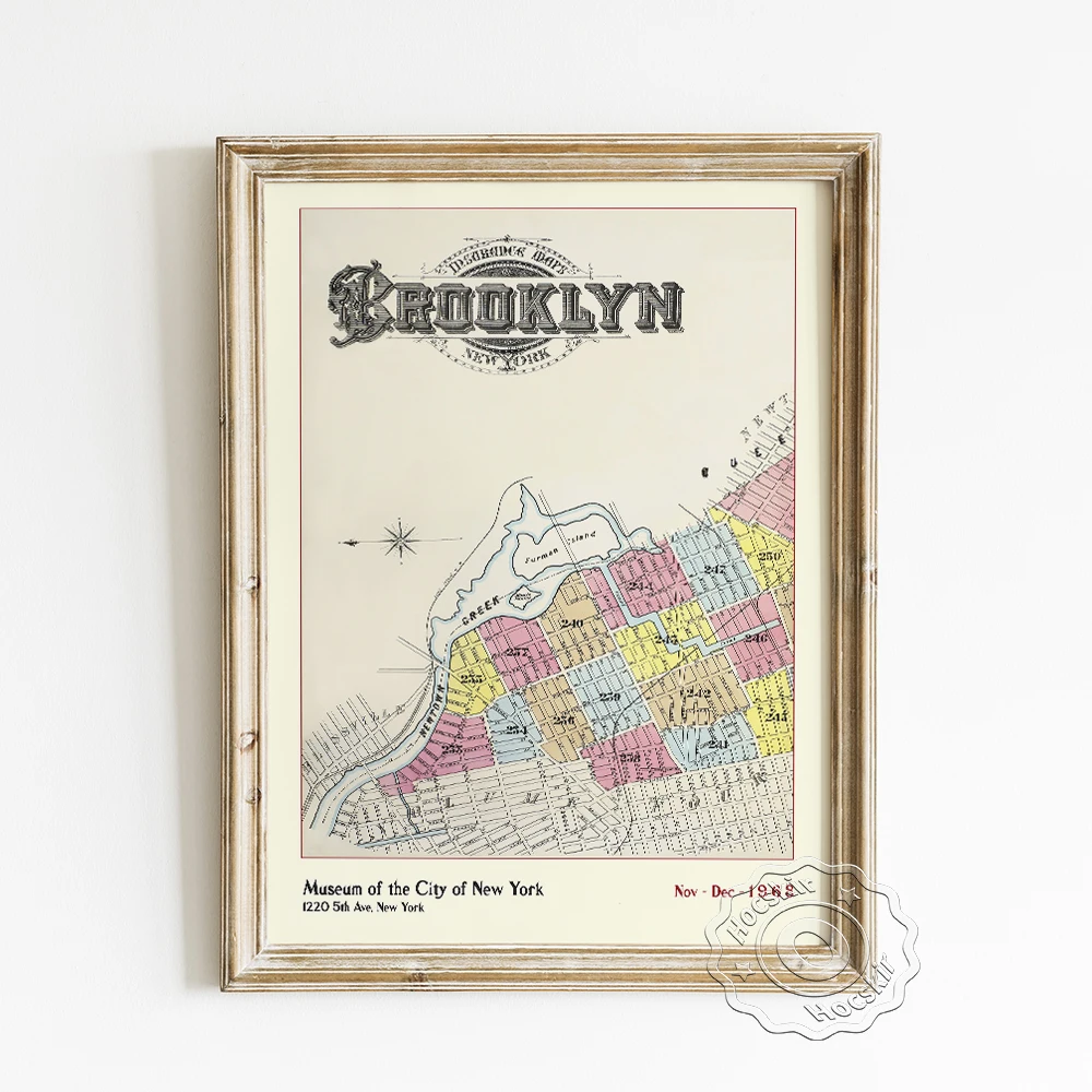 Brooklyn Neighborhoods Map Vintage Poster, American Travel City Map Prints, Travelers Collection Gift, Retro Backdrop Art Decor