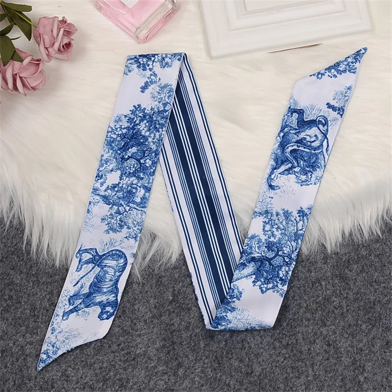 Blue Lion And Python Luxury Brand Scarf Women Silk Scarf Bag Hair Skinny Scarf 2023 Design Wrist Towel Foulard Femme Headband