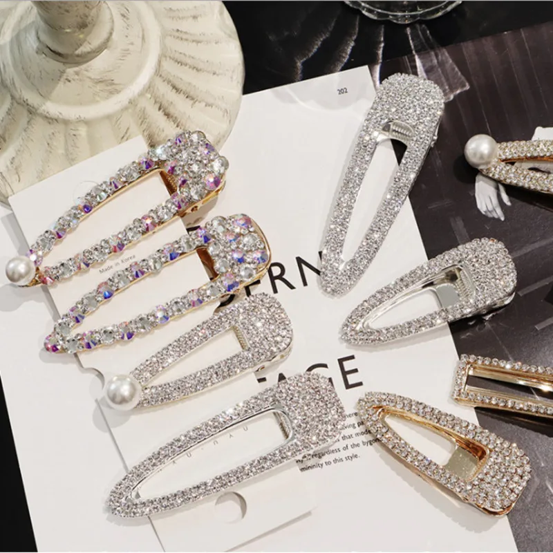 Fashion Shiny Luxury Full Crystal Pearl Women Barrettes Waterdrop Square Hair Clip Hairgrips Hair Accessories Korea Headwear