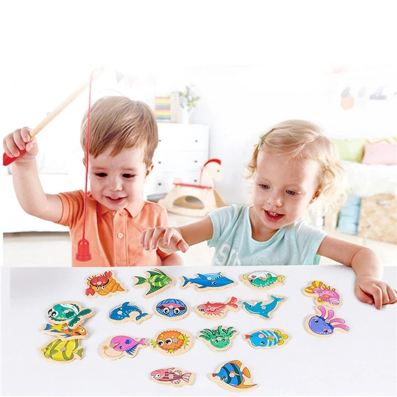 Wooden Magnetic Fshing Game Cartoon Marine Life Cognition Fish Rod Toys for Children Early Educational Parent-child Interactive