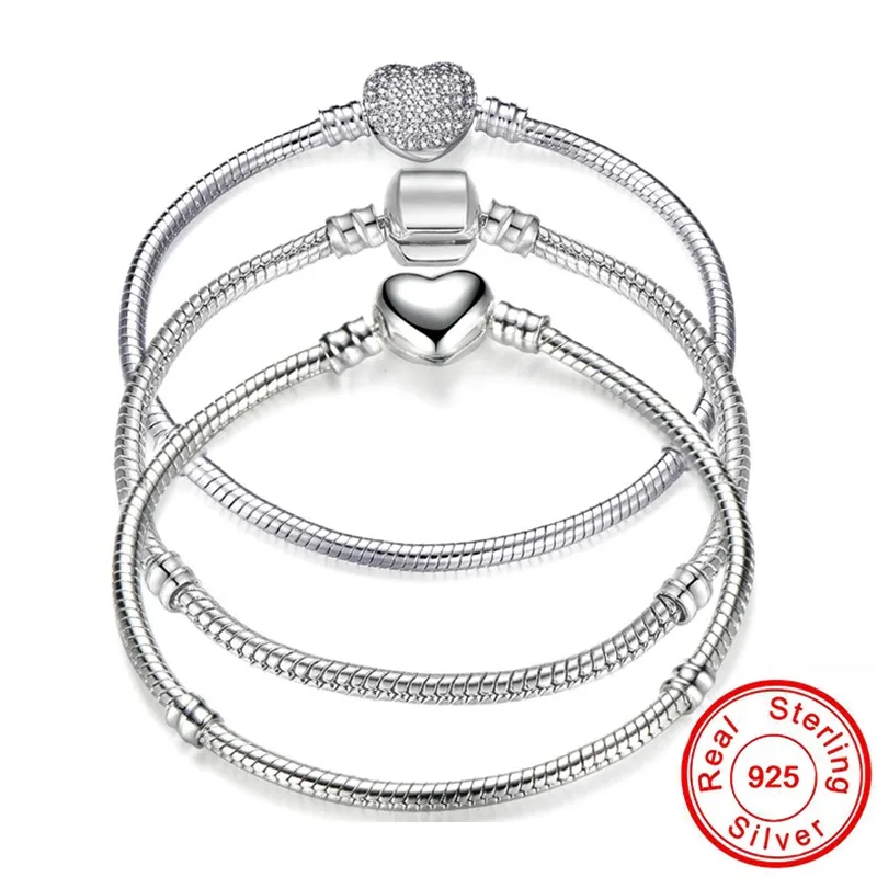 Big Sale Handmade Pan Armbänder für Frauen Original 925 Sterling Silber Herz Schlange Kette Armreif Armband DIY Schmuck Fit Perlen