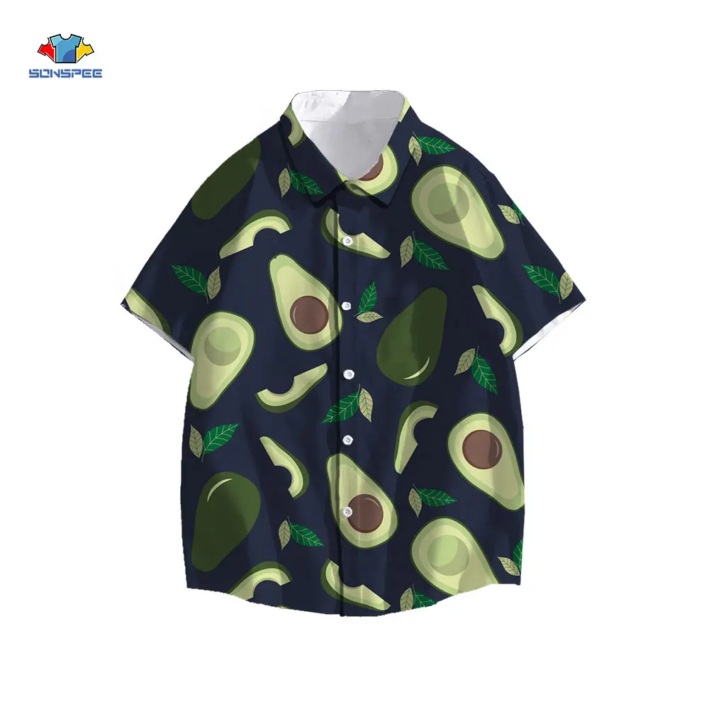 SONSPEE Anime Avocado Print Hawaiian Shirt Funny Casual Men Women Short Sleeve Streetwear Beach Shirts Oversize Hip Hop Top