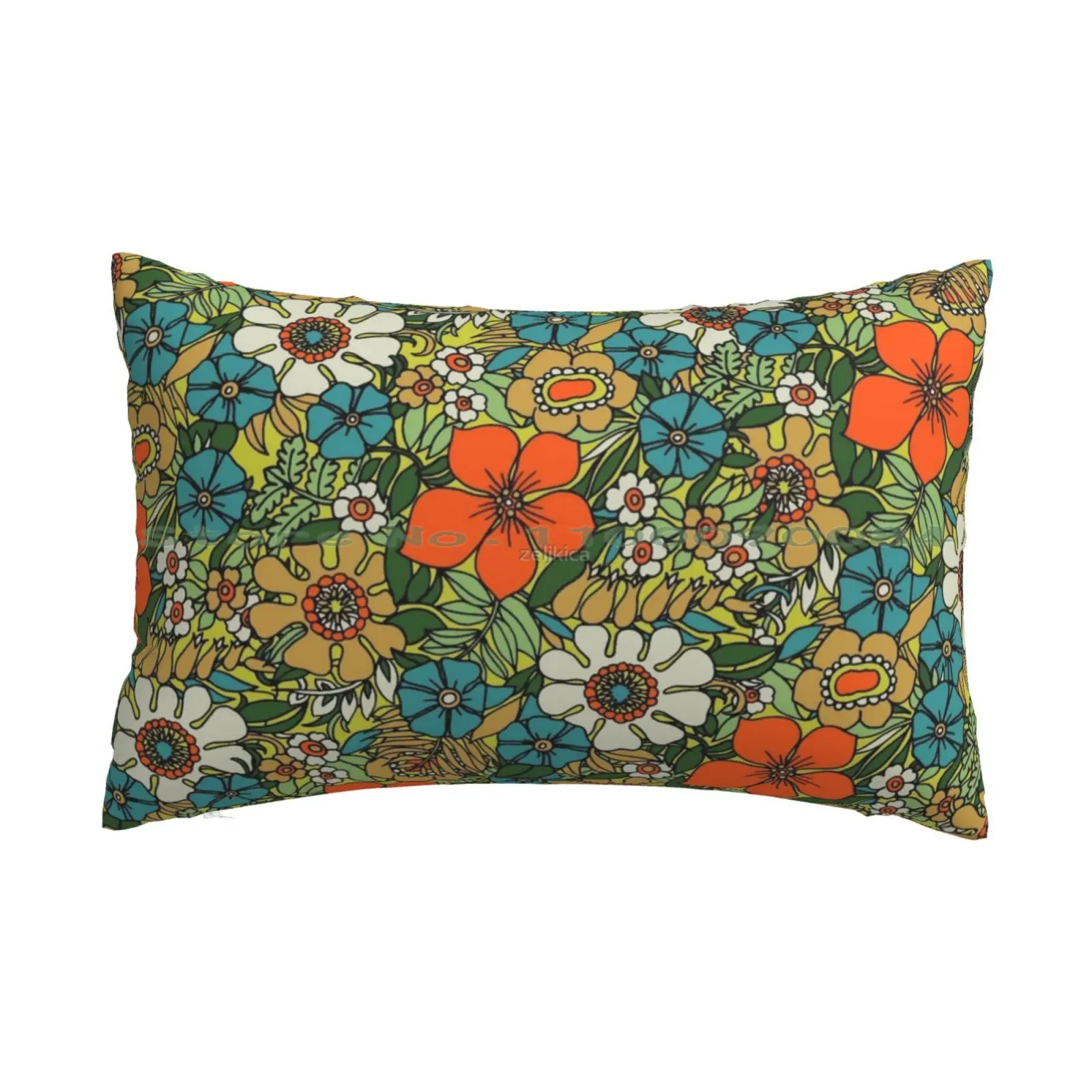 70s Plate Pillow Case 20x30 50*75 Sofa Bedroom Retro Vintage Bouquet Flowers Floral Orange Turquoise Green Seventies Hippie