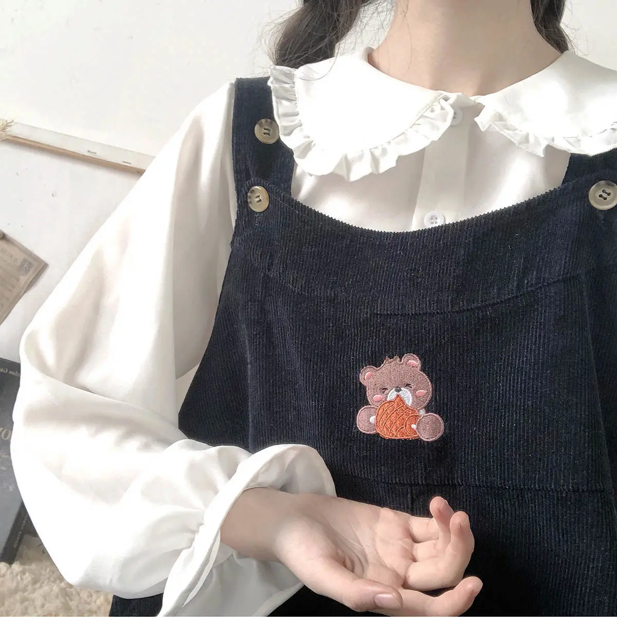 Peter Pan Kragen Süßes Hemd Frauen Lolita Japanische Kawaii Bluse Puff Langarm Elegante Weiße Weibliche Top Grundlegende Schule Shirts – Detail 11