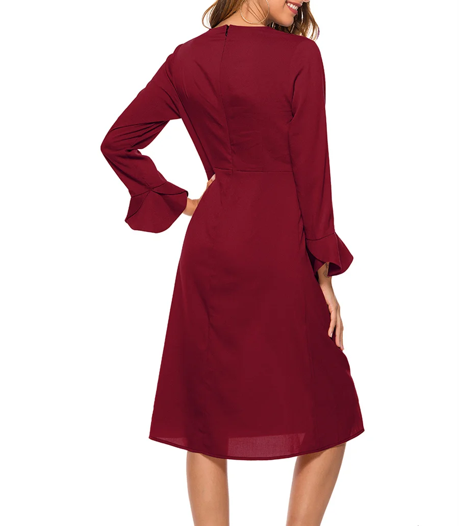 Pdfmily 3 Colors Casual Dress 2019 Winter Autumn Women Sexy Solid Deep V-Neck Butterfly Sleeve Modern Stylish Midi Ladies Dress