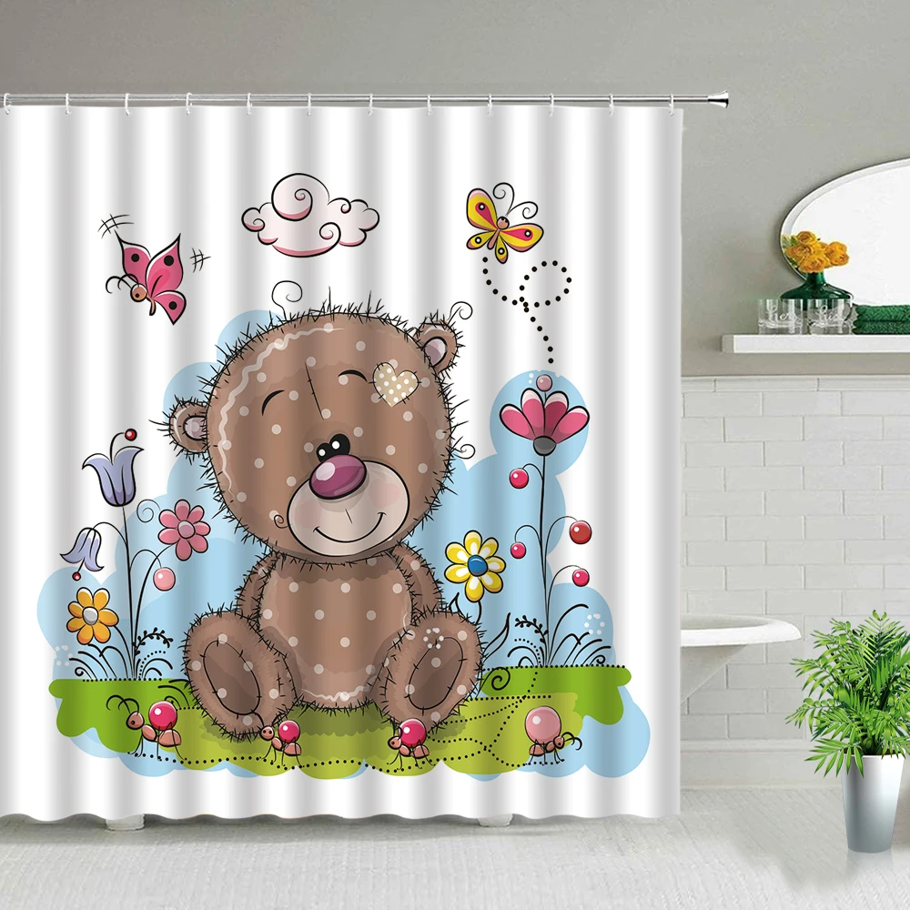 Cartoon Animal Horse Flower Print Shower Curtain Bear Hippo Owl Penguin Waterproof Fabric Bathtub Decor Bath Curtain With Hooks