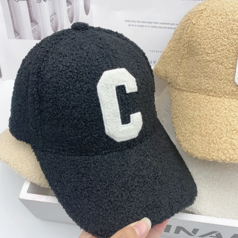 Ladies Autumn and Winter New Lamb Fur Caps Tide Brand C Letter Embroidery Warm Baseball Cap Outdoor Street Fashion Wild Hat