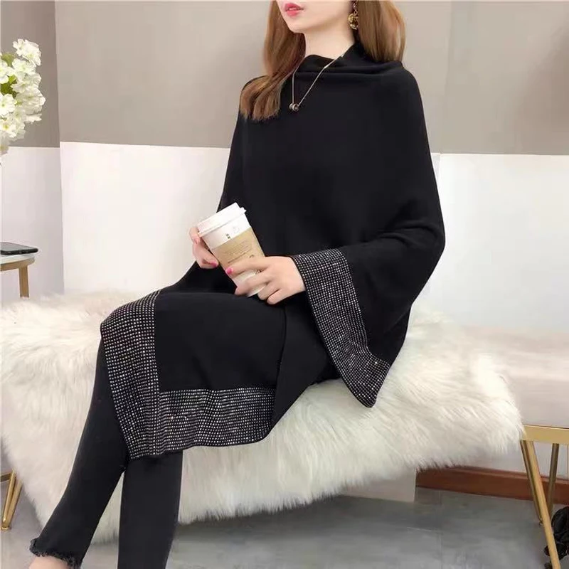 2023 Frühling neue Diamant Luxus Wolle Strick Umhang Fledermaus Cape Pullover Mode warm o Hals lose Umhang Poncho Pullover Schal Mantel