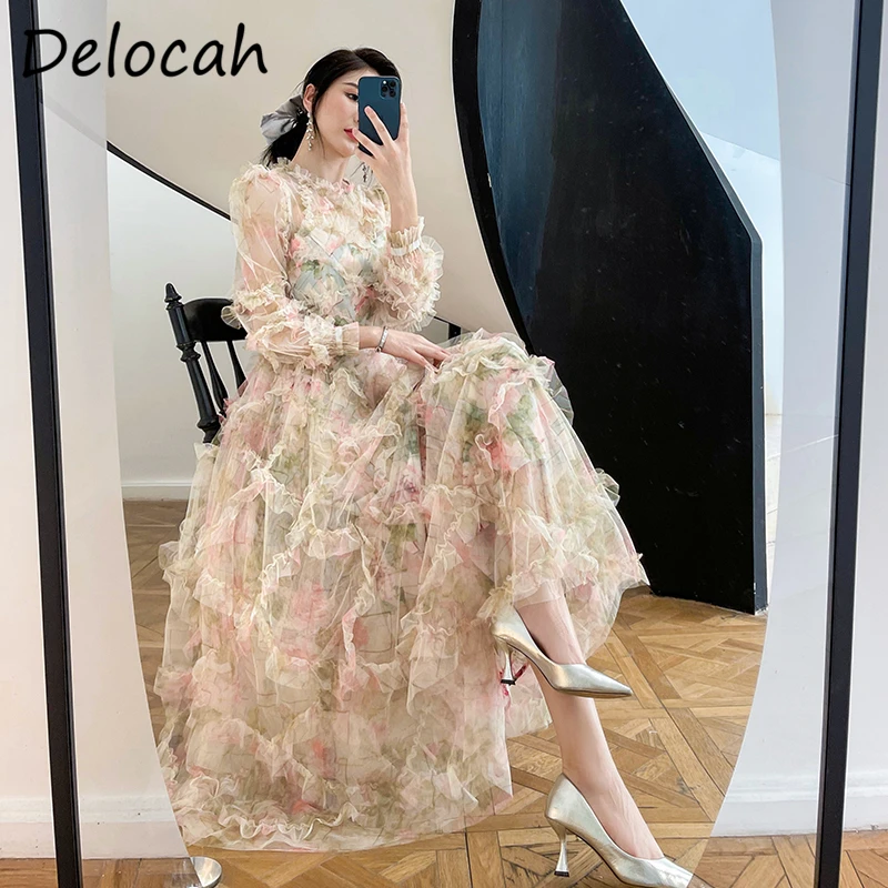 Delocah New 2021 Autumn Women Fashion Designer Party Mesh Dress Lantern Sleeve Gorgeous Ruffles Ladies Patchwork Long Dresses