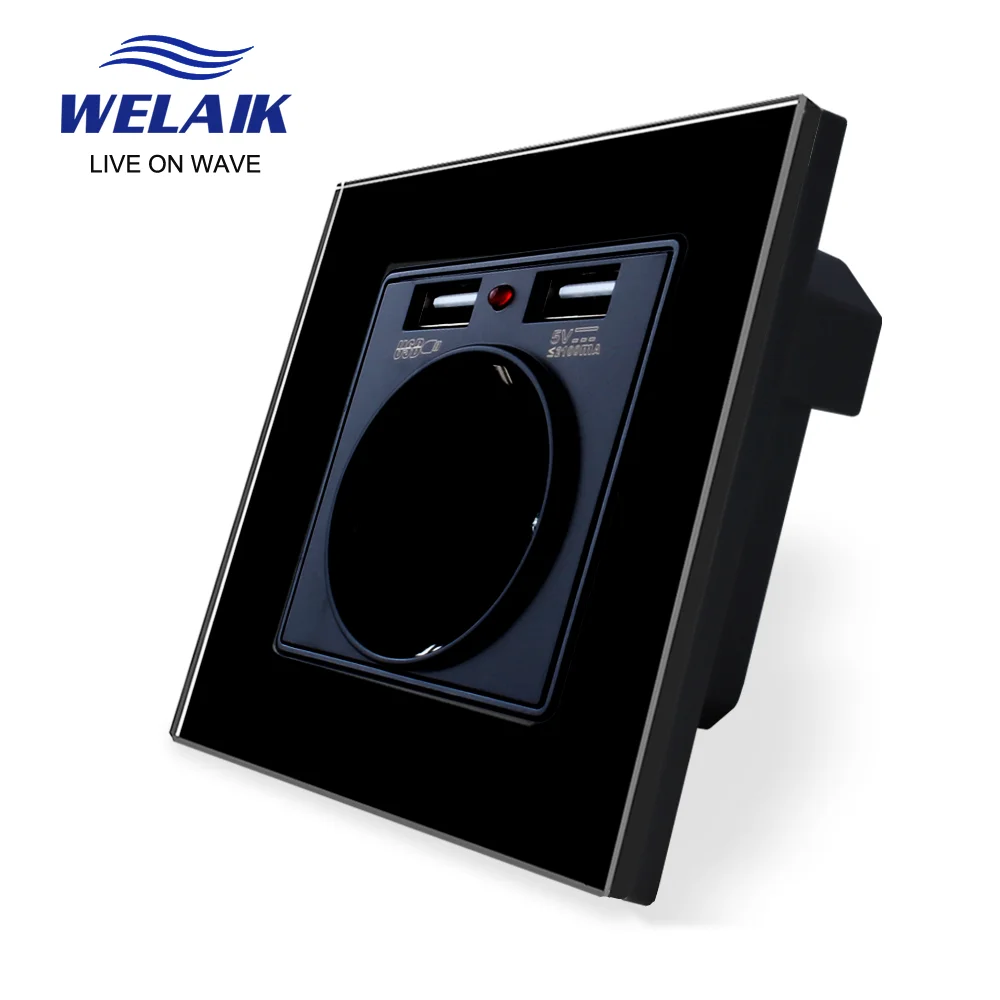 WELAIK Tempering-Glass-Panel EU Wall-Power Socket-and 2USB Power-Socket  UK-Standard B18E2USW