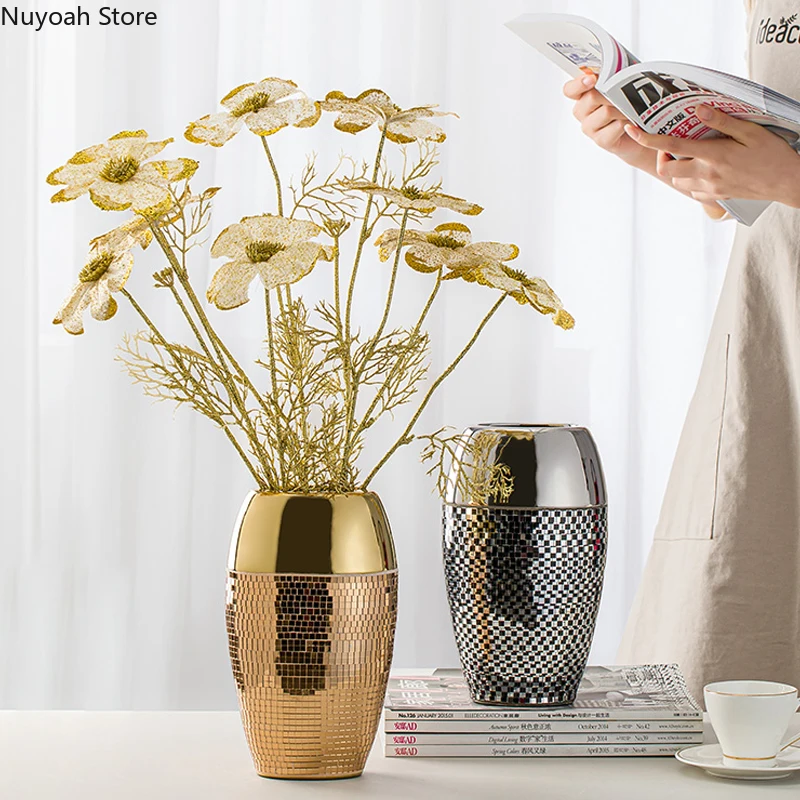 

European Style Golden Shiny Ceramic Vase Creative Mosaic Countertop Vase Living Room Dried Flower Flower Arrangement Accessories