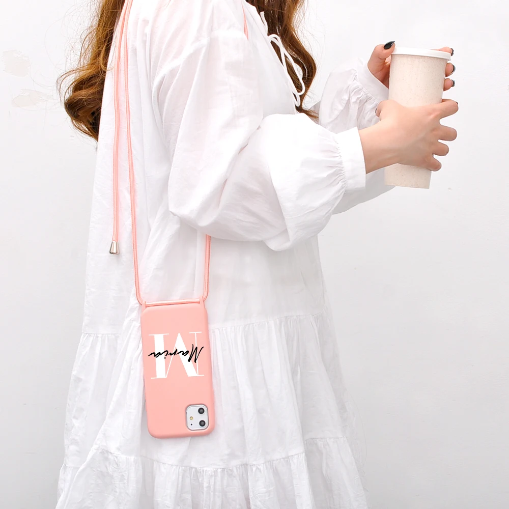 Чехол для iPhone с именем на заказ для iPhone 12 11 Pro Max X XR XS 7 8 Plus SE, мягкий чехол с ремешком через плечо и надписью