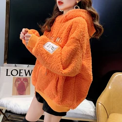 Winter Autumn Warm Faux Lamb Fur  Hoodie Casual Women Fleece Sweatershirt Crop Top Loose Pullover Sweat Femme