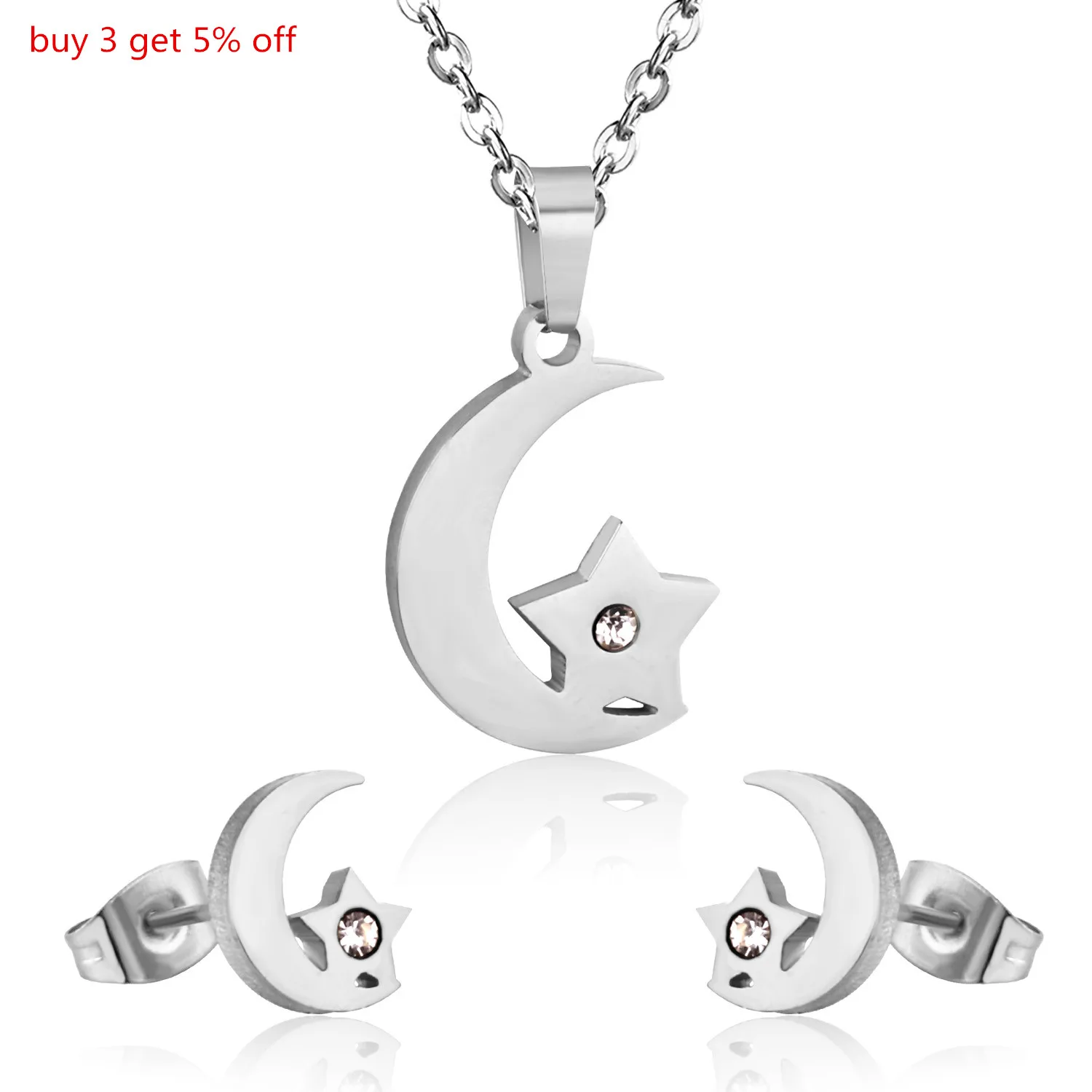 LUXUKISSKIDS Moon and Star with Rhinestone Pendant Necklace and Earring Stainless Steel Dubai/Indian Wedding Golden Jewelry Set