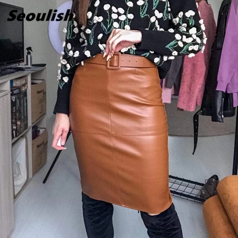 Women Stylish PU Leather Wrap Midi Skirts with Belt 2021 New High Waist Sheath Pencil Back Split Skirts Female Spring Autumn