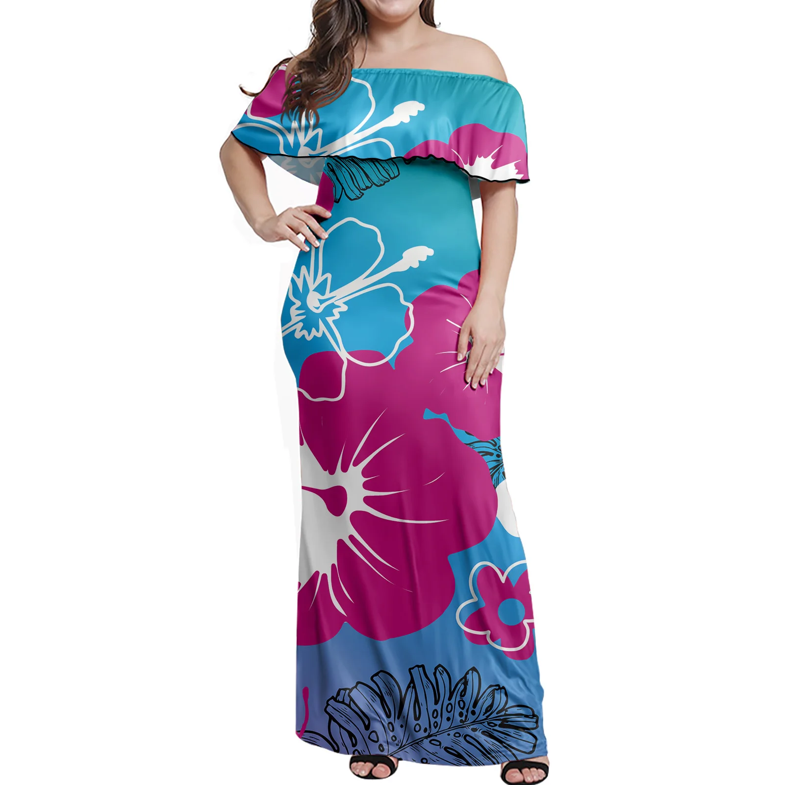 Samoa Polinesia Tribal Floral grande rojo flor impresión en hibisco de manga corta de talla grande vestido de las mujeres fuera del hombro vestidos