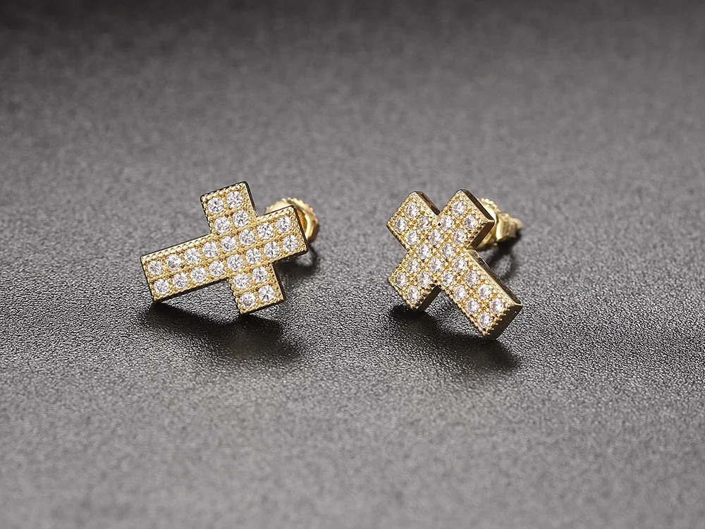 Hip-Hop Kristall-Kreuz-Ohrstecker für Männer und Frauen, Iced-Out Gewindeohrring, Luxus-Modeschmuck, Punk-Rock-Accessoires OHE103 – Detail 4