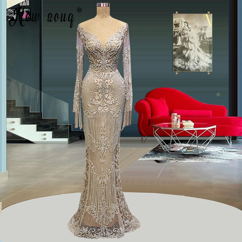 Muçulmano nude prata overskirt borla beading vestidos de noite 2022 cristais sereia luxo elegante para a festa da mulher