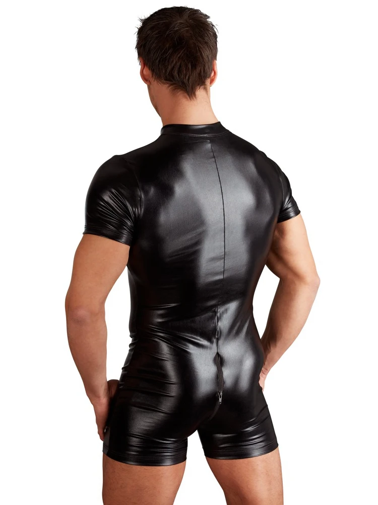 Plus S-3XL Good Quality Male PVC Leather Teddy Bodysuit Open Crotch Front Zipper Jumpsuit Mens Fetish Latex Clubwear Catsuit