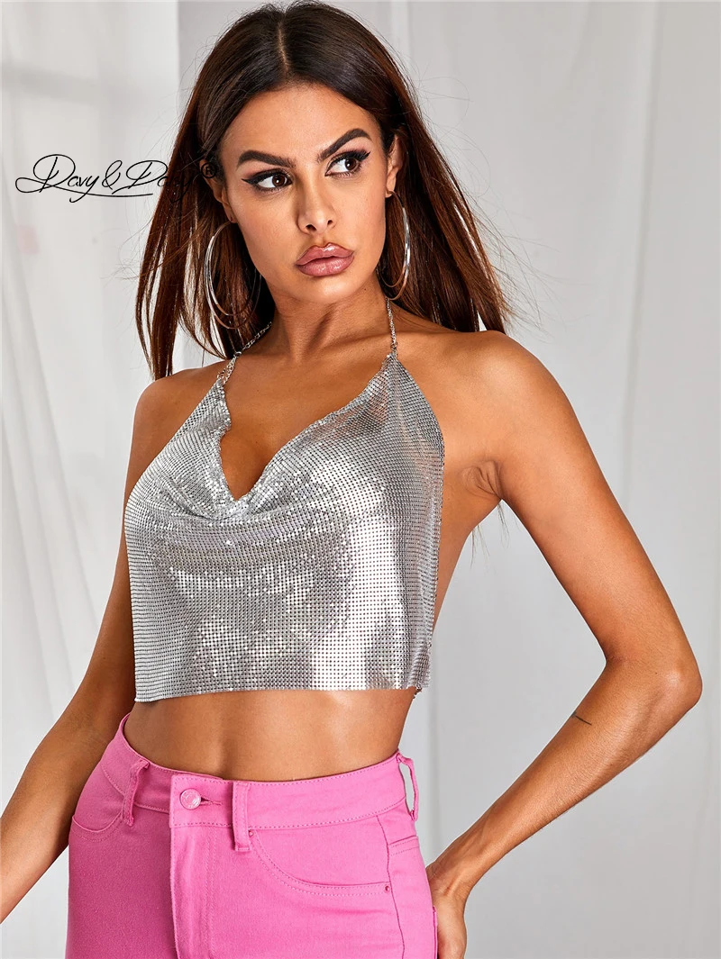 DAVYDAISY Frauen Tanks Metall Strass Cropped Top Backless Urlaub Sexy Dessous Weibliche Exotische Unterwäsche Sexy Kostüme TA047-1