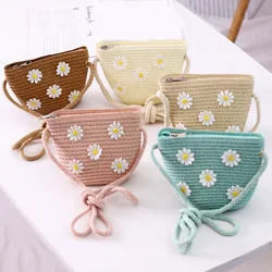 New 2024 Summer Children Girls Shoulder Bag Daisy Flower Straw Bag Messenger Bag Kids Keys Coin Purse Cute Princess Mini Handbag