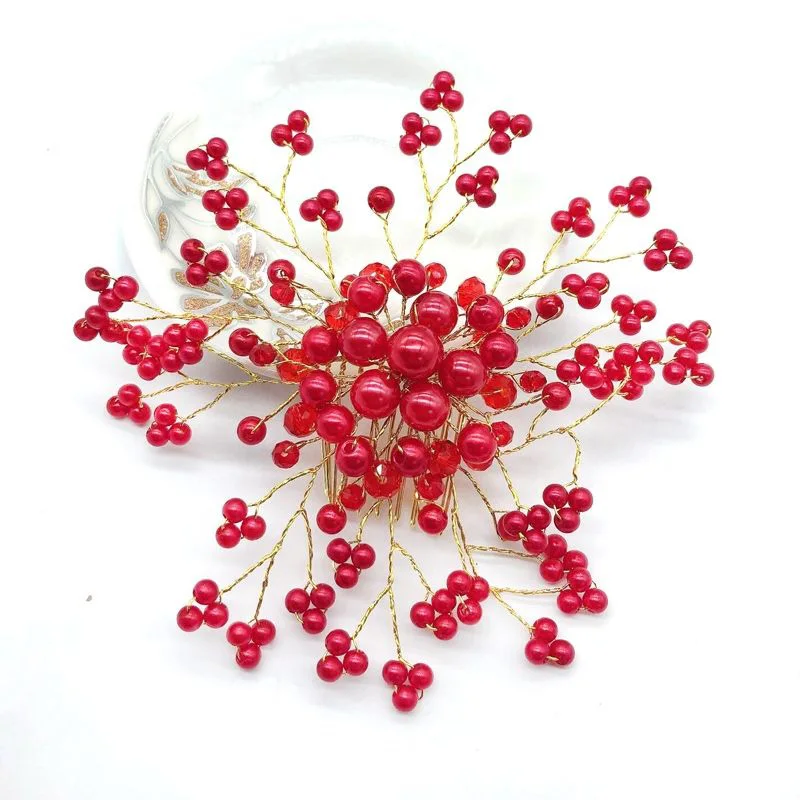 1Pc Red Pearl Crystal Women Hair Combs Headdress Bride Tiaras Headpiece Hair Jewelry Wedding Bridal Hair Accessories FORSEVEN