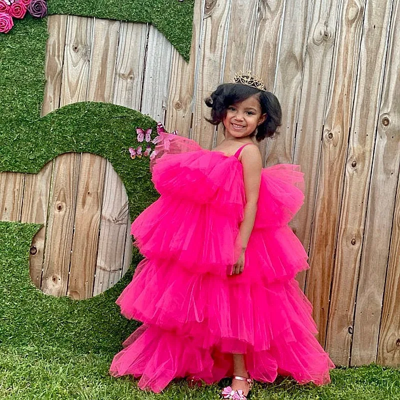 Hot Pink Fuchsia Ruffled Flower Girl Tulle Dresses  Long  Kids Tiered Ruffles Birthday Dress For Wedding Photograpy Baby Shower