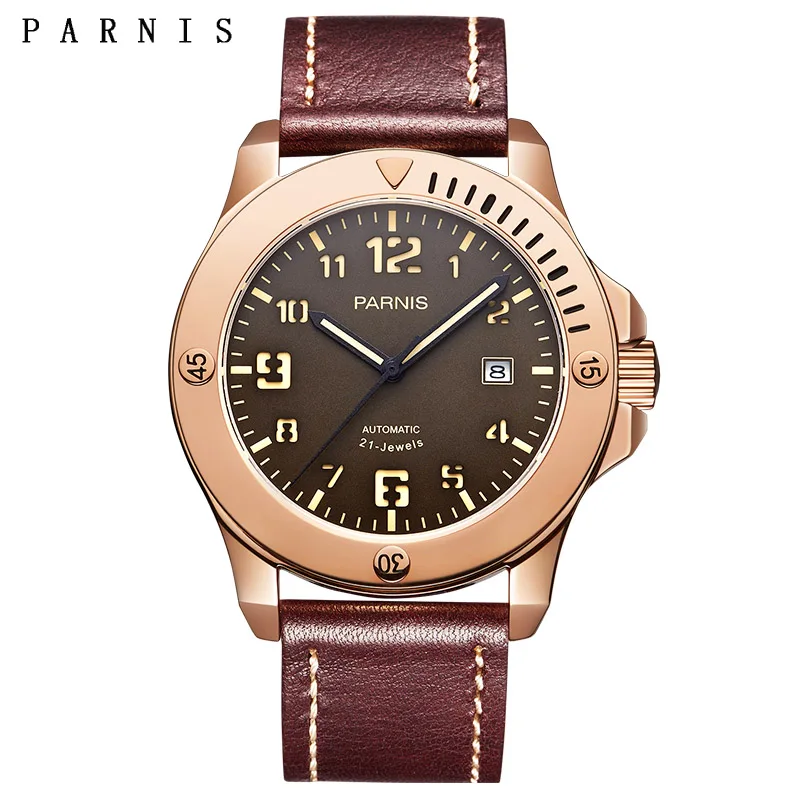 Parnis 44mm Mechanical Men\'s Watches Leather Strap 100m Waterproof Luminous Automatic Movement Sapphire Crystal Men Watch