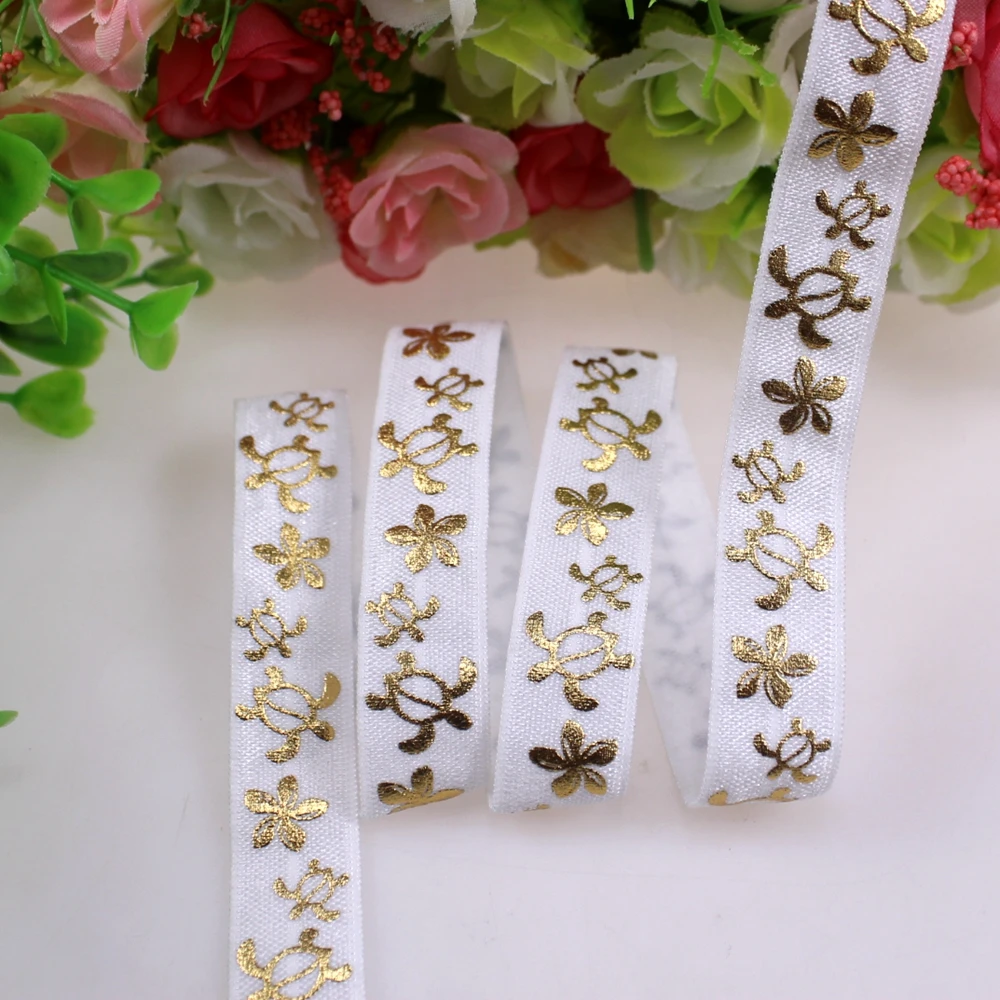 

New 5/8" 15mm Gold Foil Turtle Printed 029 White FOE Fold Over Elastic Ribbon For Hair Accessories 100Yards