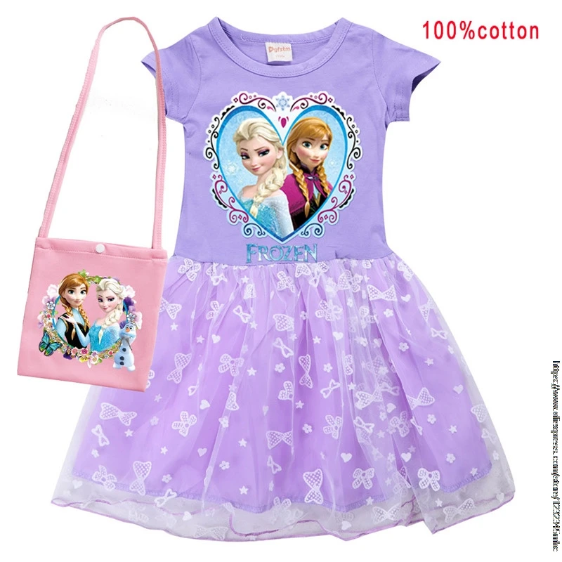 Spring Elsa Girls Cosplay Cartoon Disney Kids Summer Short Sleeve Princess Dress +Bag Up Children Birthday Party Clothing