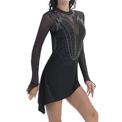 Adults Rhinestone Mesh Long Sleeve Dance Dress Figure Skating Artistic Gymnastic Training Performance Ballet Dance Leotard Dress