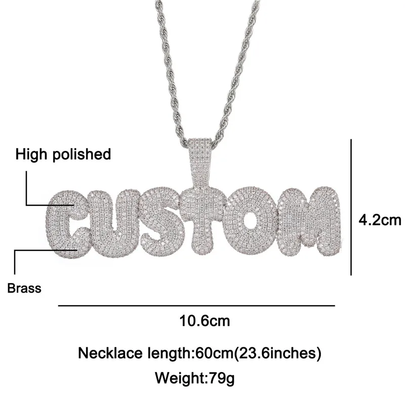 Hip Hop Medium Size Custom Name Bubble Letters Cubic Zirconia Iced Out Chain Pendants &Necklaces For Men Jewelry With Solid Back