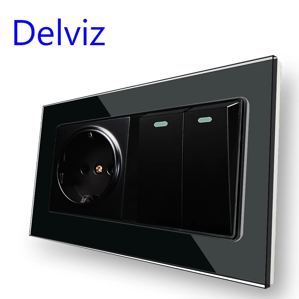 Delviz 16A Wall Light Switch,2 Gang 2Way / 1Way push button on-off, White Tempered Crystal Glass Panel, EU Standard Power Socket