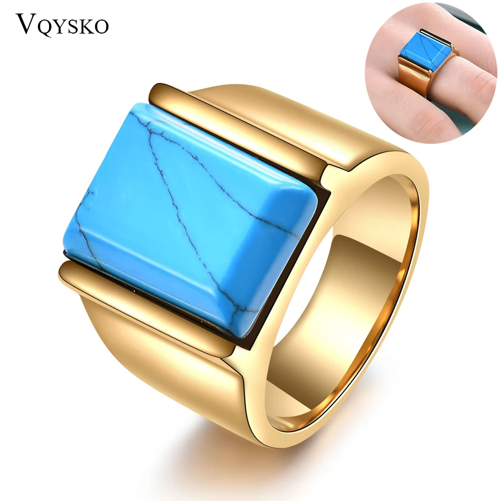 Square Turquoise Unisex Rings For Women Men Christmas Gift Stainless Steel Party Wedding Band Jewelry Mujer Anillos