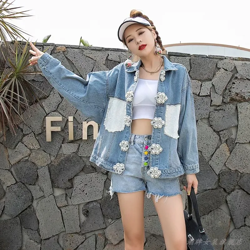 Spring Fashion Pearl Single-breasted Lace Pocket Jeans Jacket Loose Harajuku Vintage Batwing Sleeve Casual Women Jaqueta Jeans