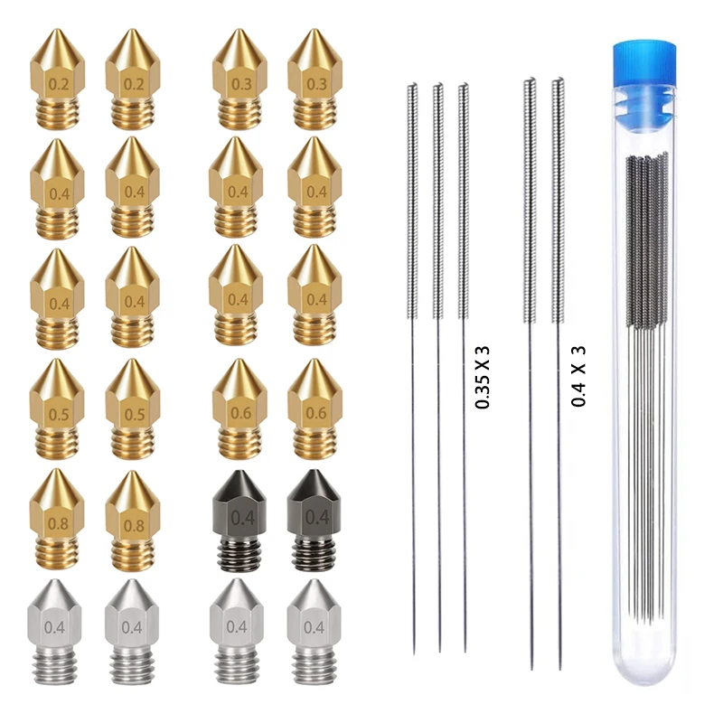 29PCS MK8 0.2/0.3/0.4/0.5/0.6mm 3D Printer Extruder Hardened Steel, Stainless Steel, Brass Nozzle+Cleaning Needle for Ender3