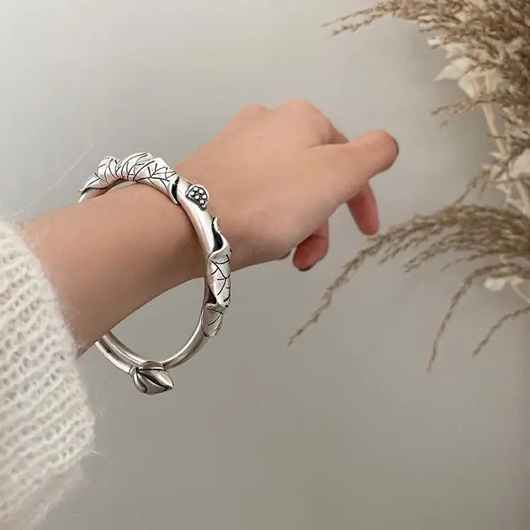 Image of Förderung Trendy Lotus Blume & Blatt Thai Silber Damen Armreif Frauen Manschette Armband Neue Jahr Geschenke 2023