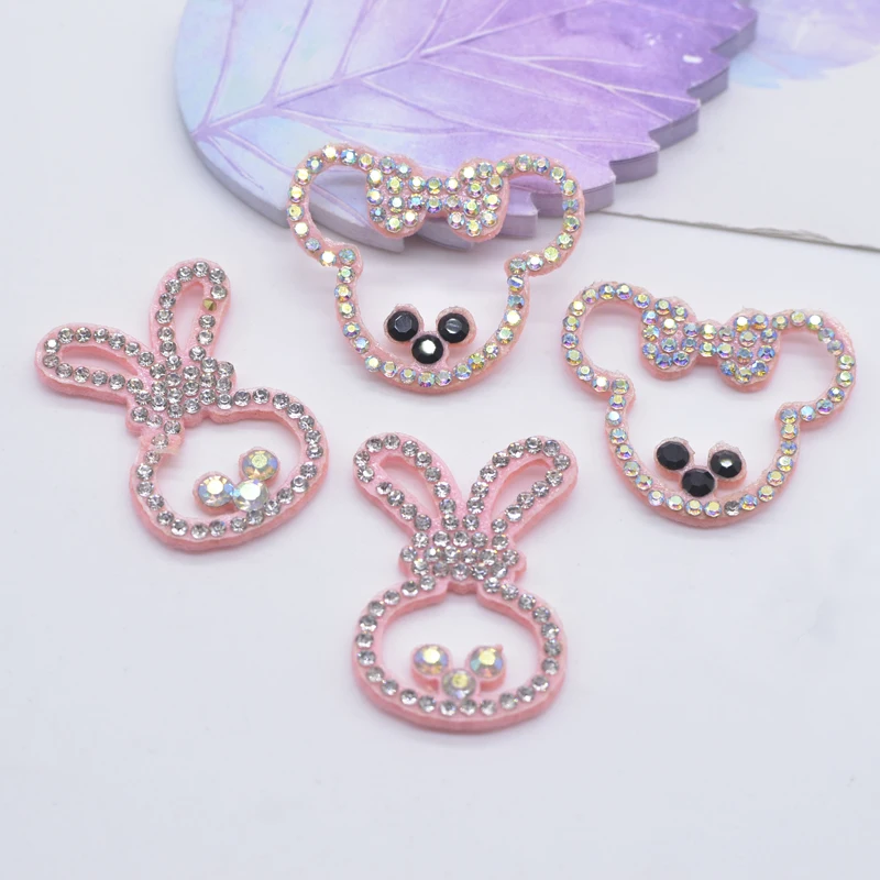 10Pcs/lots 35mm Pink Mouse Head Rabbit Rhinestone Patches Sewing-on Clothing Home Decor Applique Hairband Supplies Material