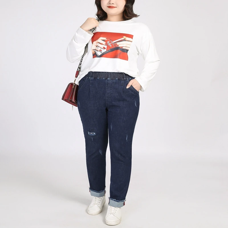 Autumn New Large Size Jeans Elastic Waist 5XL 7XL 8XL 9XL Fashion Ladies Elastic Waist Pocket Pencil Pants