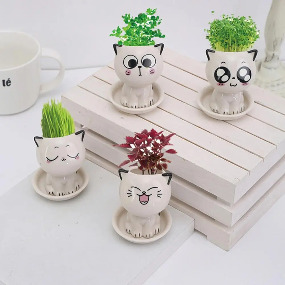 Mini Cat Shaped Ceramic Flowerpot Cartoon Cute Hand Desktop Potted Plant Pot Landscaping Decoration Desk Decorate Small Ornament