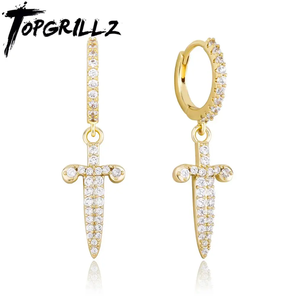 TOPGRILLZ-pendiente de daga con espada de hielo, Circonia cúbica totalmente helada, cobre de alta calidad, joyería de moda de Hip Hop, regalo para fiesta
