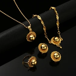 Gold Color Ethiopian 4pcs Nigeria Eritrea Kenya Habesha Women Earrings Ring Necklaces Bridal Wedding Jewelry Sets