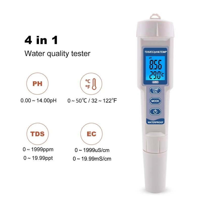 

4in1 Waterproof pH/EC/TDS Temperature Meters Digital Water Quality Monitor for Swimming Pools Drinking Water Aquariums Backlight