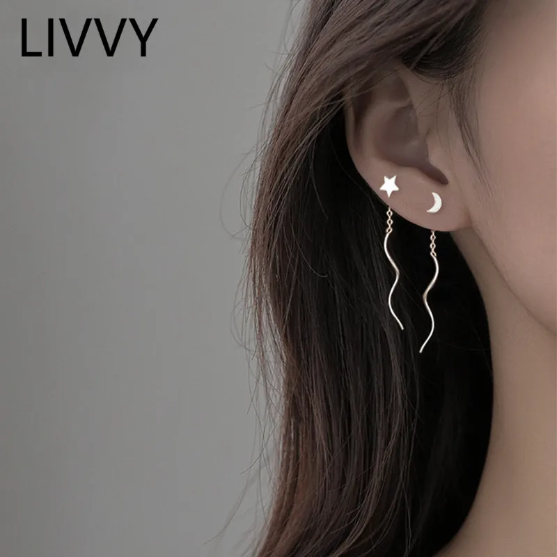 LIVVY New Style Silver Color Asymmetry Star Moon Tassel Stud  Earrings for Women Exquisite Jewelry Party Gifts