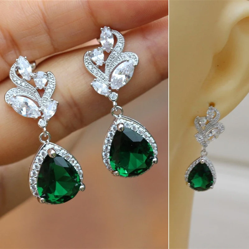 Huitan Aesthetic Green Pear CZ Drop Earrings Women Wedding Engagement Accessories Noble Lady\'s Earrings for Party Trendy Jewelry