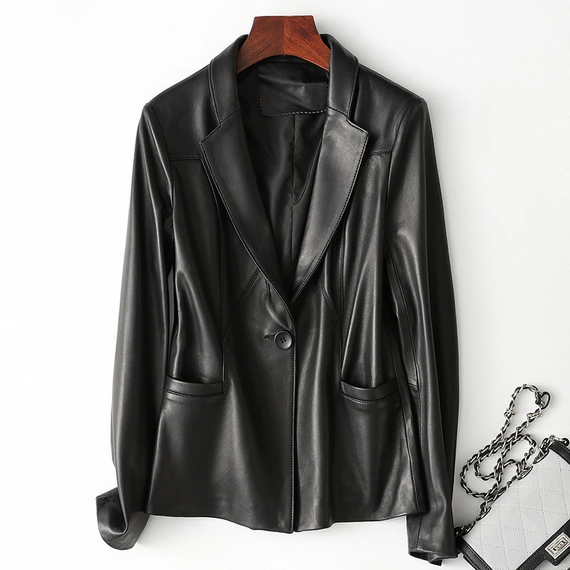 Schlank Echt Schwarz Jacke Büro Dame Single Button Blazer Frauen Herbst Kleidung Lässig Weichen Schaffell Echtes Leder Mantel