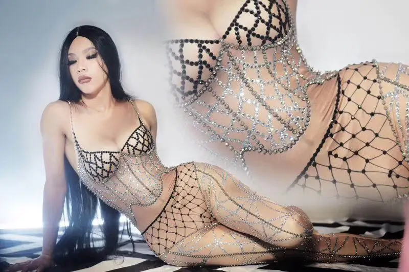 

Nightclub bar female singer DJ guest gogo costume Fishnet long-sleeved jumpsuit