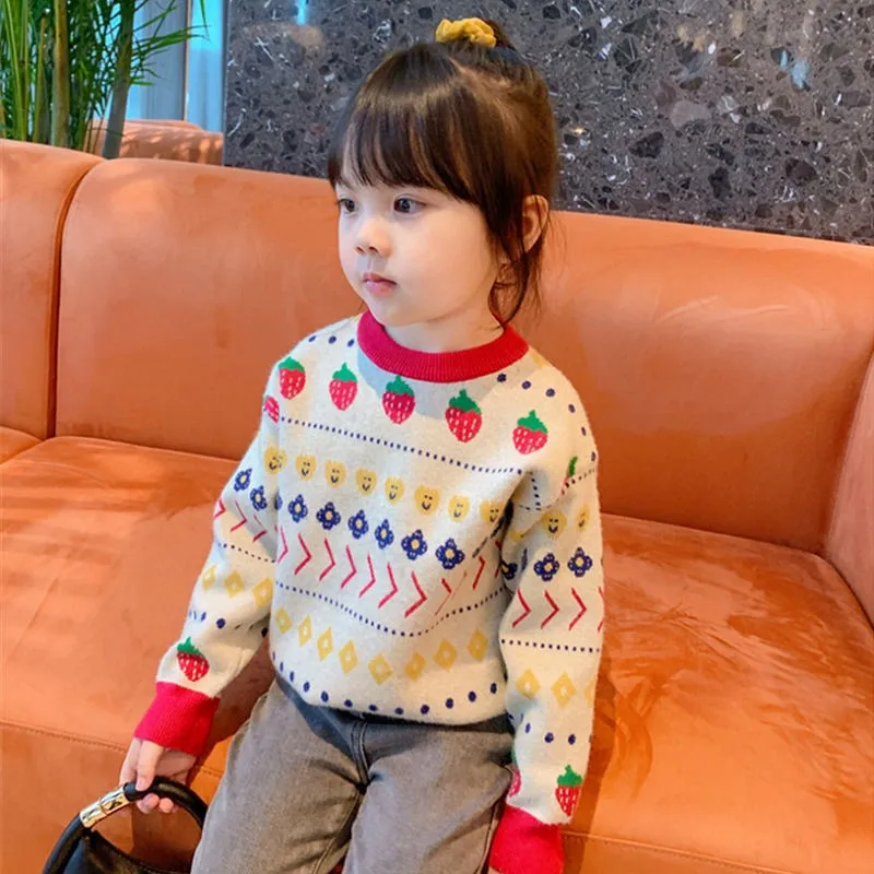 

2021 New Girl Casual Sweater Children's Knitted Woolen Round Neck Autumn/Winter Kids Cute Flowers Keep Warm Thicken Cartoons