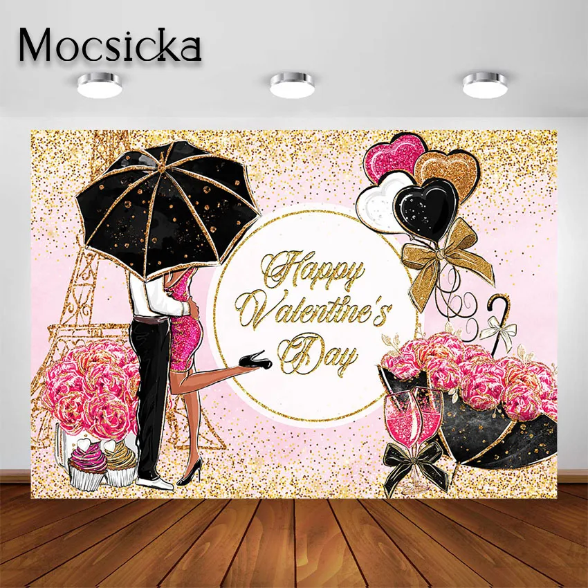 

Mocsicka Valentine's Day Party Backdrop Golden Pink Glitter Eiffel Tower Roses Decorations Photo Background Photoshoot Photocall